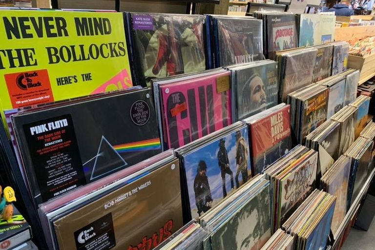 Record bins at Plymouth Vintage Vinyl with Sex Pistols, Pink Floyd, Kate Bush, Miles Davis and Bob Marley